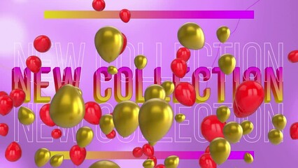 Animation of red and golden balloons over new collection texts against purple background - Powered by Adobe