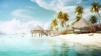 Obraz premium Illustration image, beach scene with crystal-clear turquoise waters, powdery white sand, palm leaves, sparkling waves and blue sunny sky, with copy space, Generative AI illustration