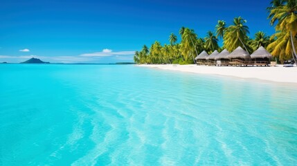 Fototapeta premium Illustration image, beach scene with crystal-clear turquoise waters, powdery white sand, palm leaves, sparkling waves and blue sunny sky, with copy space, Generative AI illustration