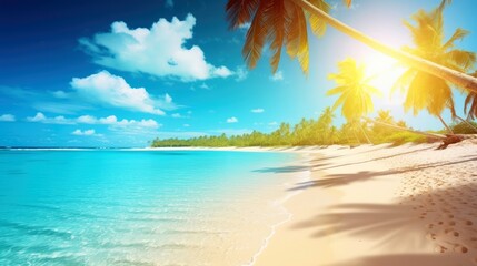 Fototapeta na wymiar Illustration image, beach scene with crystal-clear turquoise waters, powdery white sand, palm leaves, sparkling waves and blue sunny sky, with copy space, Generative AI illustration
