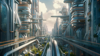 A green and futuristic city in the year 2070, where modern plants create an eco-friendly environment on the urban structures and streets AI Generative