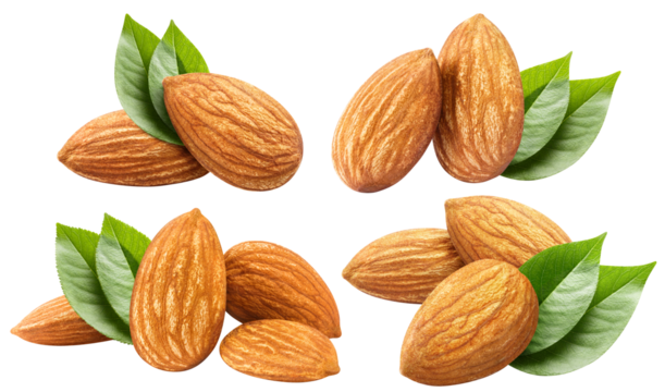 Set of almonds with leaves, cut out