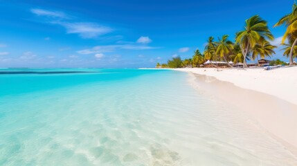 Fototapeta premium Illustration image, beach scene with crystal-clear turquoise waters, powdery white sand, palm leaves, sparkling waves and blue sunny sky, with copy space, Generative AI illustration