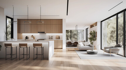 A modern minimalist home interior design with clean lines, sleek furniture, and neutral color palette, featuring an open-concept living space connected to a spacious kitchen, bathed in natural light - obrazy, fototapety, plakaty