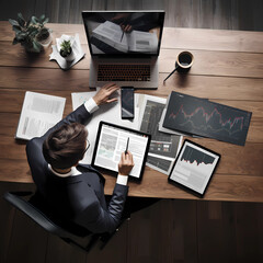 Fototapeta na wymiar A professional trader sitting at a desk, diligently studying the trend indicator on a tablet device, surrounded by notebooks, financial reports, and a cup of coffee, in a well-organized and calm works