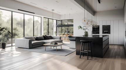 Naklejka na ściany i meble A modern minimalist home interior design with clean lines, sleek furniture, and neutral color palette, featuring an open-concept living space connected to a spacious kitchen, bathed in natural light f