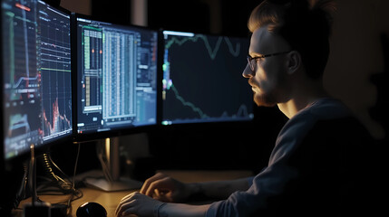 A dynamic stock market graph displayed on multiple screens, illuminated by vibrant neon lights in a dimly lit room, with traders analyzing the data intensely, capturing the fast-paced and competitive  - obrazy, fototapety, plakaty