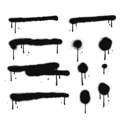 Fotobehang Set of Spray painted lines and grunge dots. Paint splatter circle shapes, urban graffiti drawing strokes, dirty street art texture. Black dot print, splattered line collection. Abstract vector design. © LanaSham