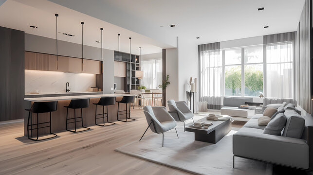 A modern minimalist home interior design with clean lines, sleek furniture, and neutral color palette, featuring an open-concept living space connected to a spacious kitchen, bathed in natural light f
