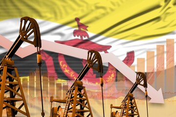 lowering down chart on Brunei Darussalam flag background - industrial illustration of Brunei Darussalam oil industry or market concept. 3D Illustration
