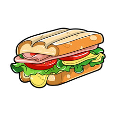 Vector illustration cartoon flat style delicious appetizing toast sandwich with sausage ham cheese tomato greens isolated on white sticker design 