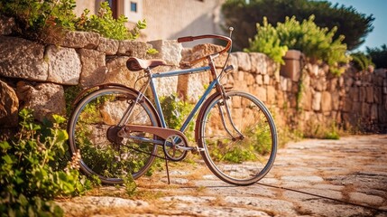 Fototapeta na wymiar Old bicycle leaning isolated on a wall in an old town in Europe. Generative AI