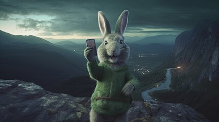 Majestic Bunny: Posing atop a Mountain with Breathtaking Aurora Borealis Generative AI