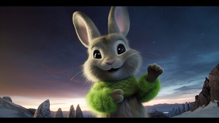 Majestic Bunny: Posing atop a Mountain with Breathtaking Aurora Borealis Generative AI