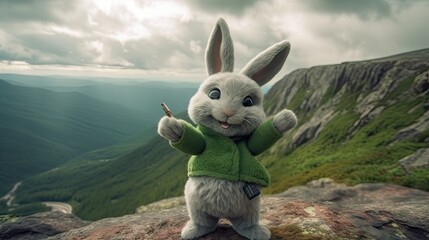 Majestic Bunny: Posing atop a Mountain with Breathtaking Aurora Borealis Generative AI