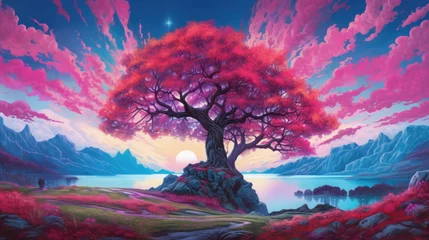 Deurstickers Roze Enchanting Reflections: Pink Tree on a Moody Lake Generative AI