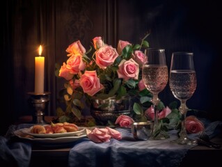 Obraz na płótnie Canvas Pink floral table setting for a romantic dinner table with table cloth, candles and silverware. Generative AI