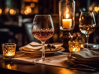 Romantic candlelit romantic dining table. Generative AI