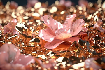 Ultra realistic gold luxurious foil textured flakes in rose crystal flowing liquid, octane. AI Generative