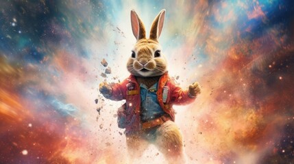 Astronaut Bunny with Explosive Colors in the Background Generative AI