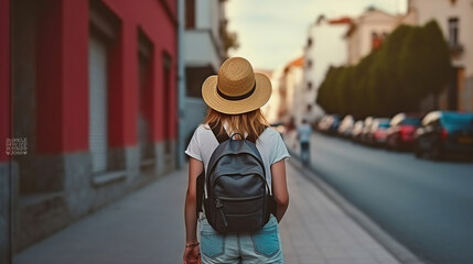 Rear view of a girl with hat and backpack walking on street. Generative AI