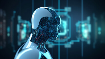 Fototapeta premium Man using tools AI. technology smart robot science and artificial intelligence technology, and innovation futuristic and global connection for providing access to information, generative ai, ai