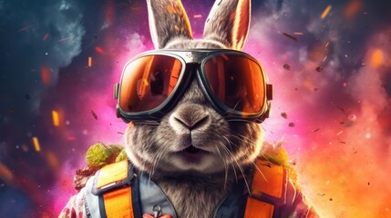 Astronaut Bunny with Explosive Colors in the Background Generative AI