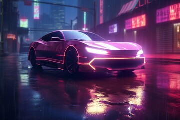 Obraz na płótnie Canvas Cyberpunk night city in the rain with futuristic car and soft fog, ray tracing reflections Generative AI