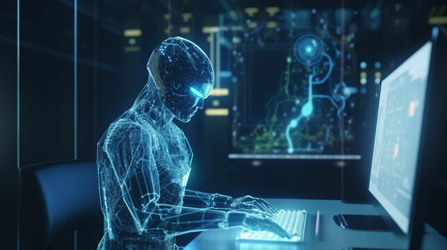 Man using tools AI. technology smart robot science and artificial intelligence technology, and innovation futuristic and global connection for providing access to information, generative ai, ai