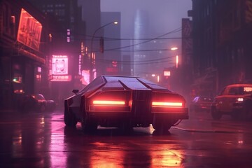 Obraz na płótnie Canvas Cyberpunk night city in the rain with futuristic car and soft fog, ray tracing reflections Generative AI