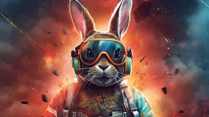 Astronaut Bunny with Explosive Colors in the Background Generative AI