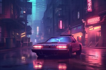 Cyberpunk night city in the rain with futuristic car and soft fog, ray tracing reflections Generative AI