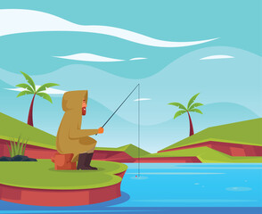 Obraz na płótnie Canvas Vector man sitting fishing in lake