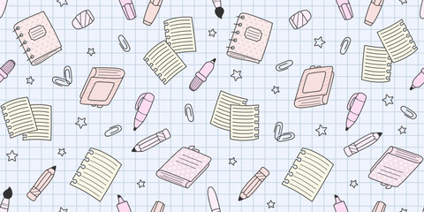 Light pink and beige school supplies and office stationary with black edging on a blue notebook sheet in a cell. Back to school endless texture, education concept. Vector seamless pattern for cover