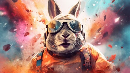 Astronaut Bunny with Explosive Colors in the Background Generative AI