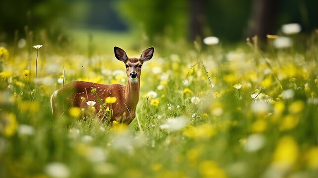 Roe deer, chewing green leaves in Beautiful blooming meadow with many white and yellow flowers and animal, Generative AI