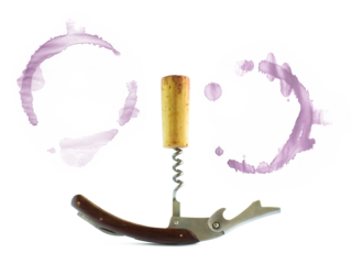 wine stains and bottle-screw on transparent background; design element for wine card design;  PNG transparent