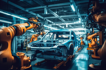 Car Factory Automotive production line , Automated Robot Arm Assembly Line , Electric Vehicles , Created with generative AI