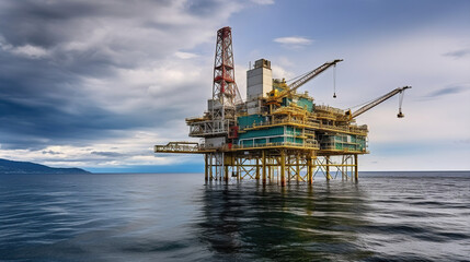 Offshore Platform Stands Tall Amidst the Vast Sea and Brooding Cloudy Sky. Generative AI