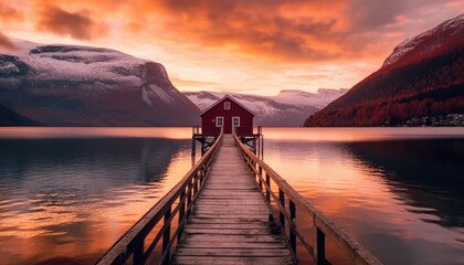 Red wooden cabin with a jetty at a lake in nature and snow mountains during sunset.