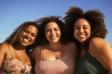 Fototapeta premium A group photo of diverse plus size women in stylish swimsuits enjoying a day at the beach. Generative AI