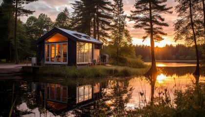 Fototapeta premium luxurious little cabine in nature in forest next to a lake. Sunset, back to nature. Tiny house concept.