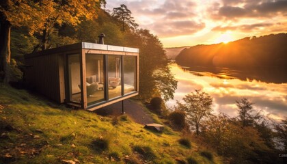 luxurious little cabine in nature on the top of a hill looking out over a lake during sunset, back to nature. Tiny house concept. 