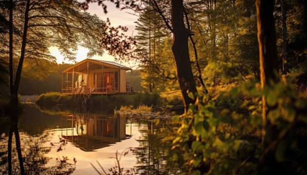 luxurious little cabine in nature in forest next to a lake. Sunset, back to nature. Tiny house concept.