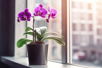 Purple orchid on a windowsill. Home plant care. High quality photo