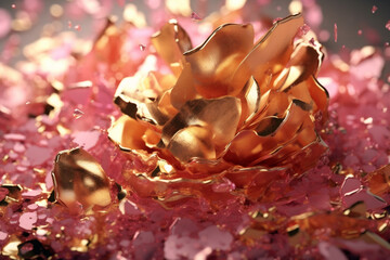 Ultra realistic gold luxurious foil textured flakes in rose crystal flowing liquid, octane. AI Generative