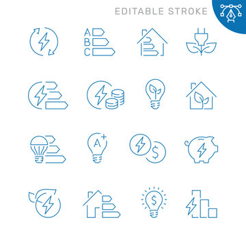 Vector line set of icons related with energy saving. Contains monochrome icons like electricity, energy, power, bulb, house and more. Simple outline sign. Editable stroke.