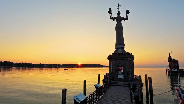 Zeitrafferaufnahme des Sonnenaufgangs bei der Imperia Statue, dem Wahrzeichen des Hafens. Bodensee, Konstanz, Baden-W&uuml;rttemberg, Deutschland, Europa.