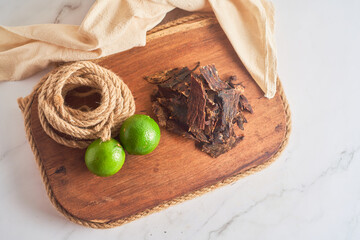 Dehydrated meat or beef jerky, spicy snack