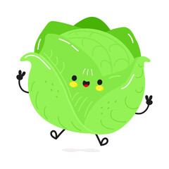 Cabbage jumping character. Vector hand drawn cartoon kawaii character illustration icon. Isolated on white background. Cabbage character concept